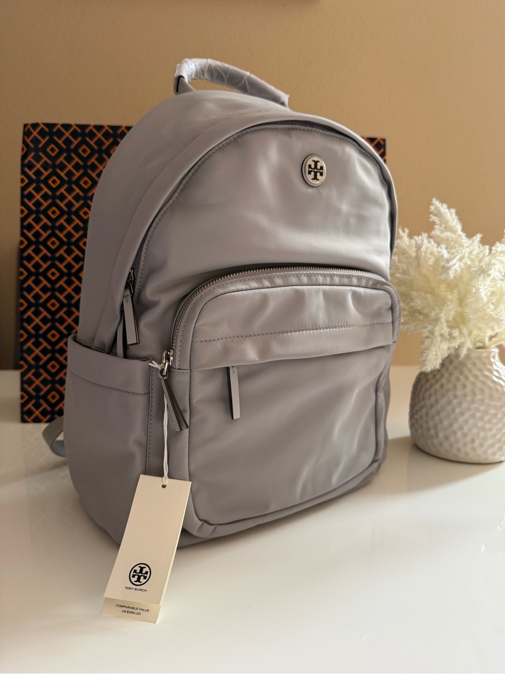 NWT , tory burch large nylon bachelor (bay gray ) with silver hardware